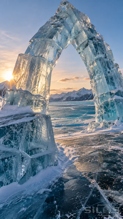 A large pointed ice arch made of clear ice blocks stands on a frozen lake beneath pink sky and distant snowy mountains.