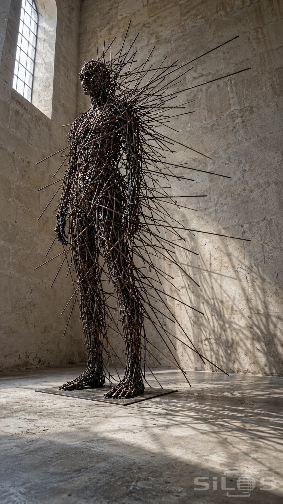An abstract adult figure made from dense steel rods stands on a plate with longer rods radiating around it.