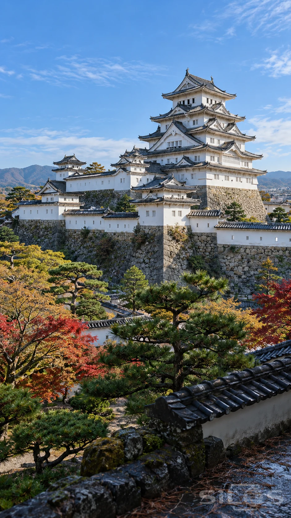 White castle with layered gray roofs above high stone walls, green pines and red and gold autumn trees.