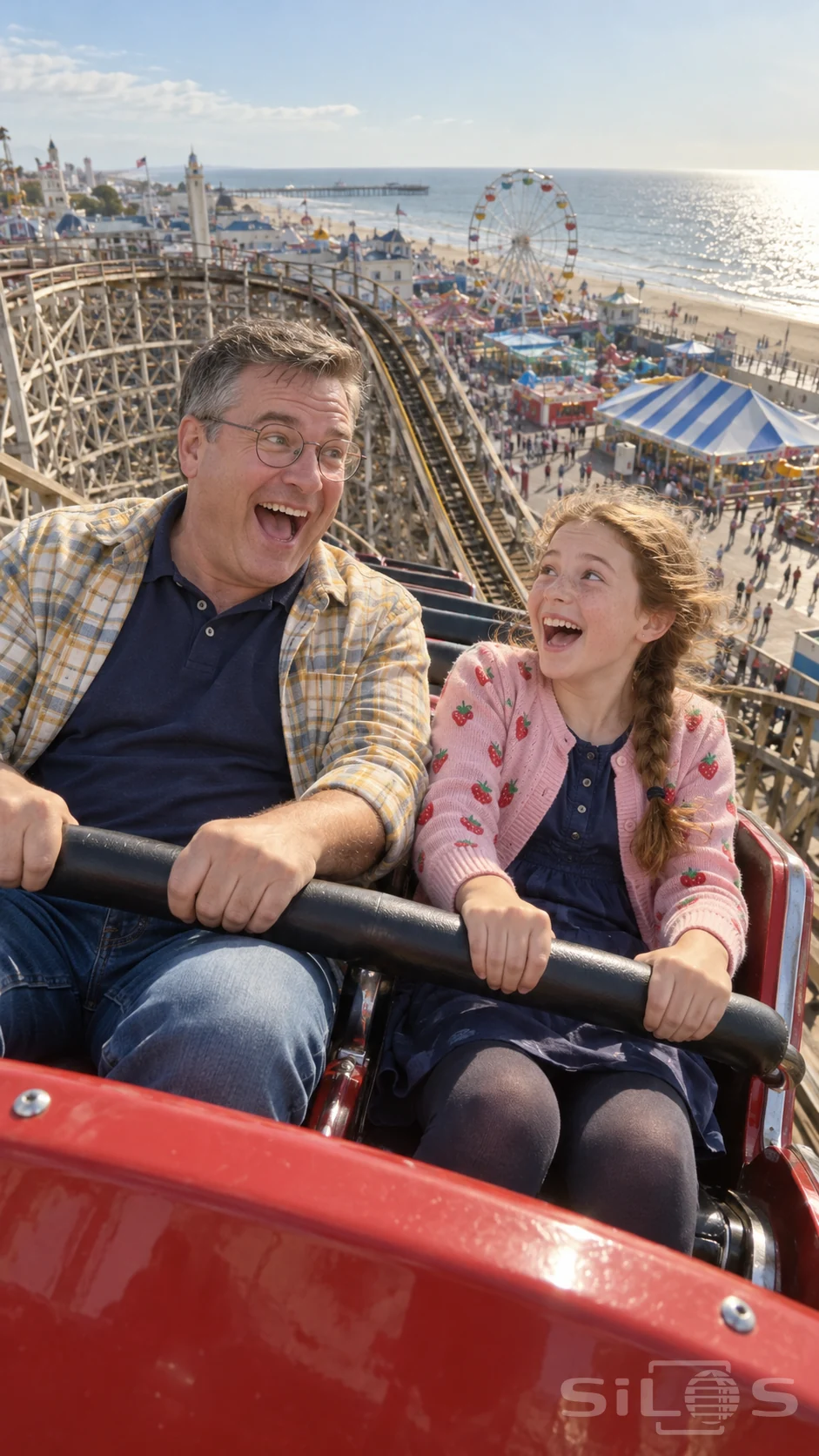 A father and daughter laugh through a first coaster drop above a seaside boardwalk and Ferris wheel.