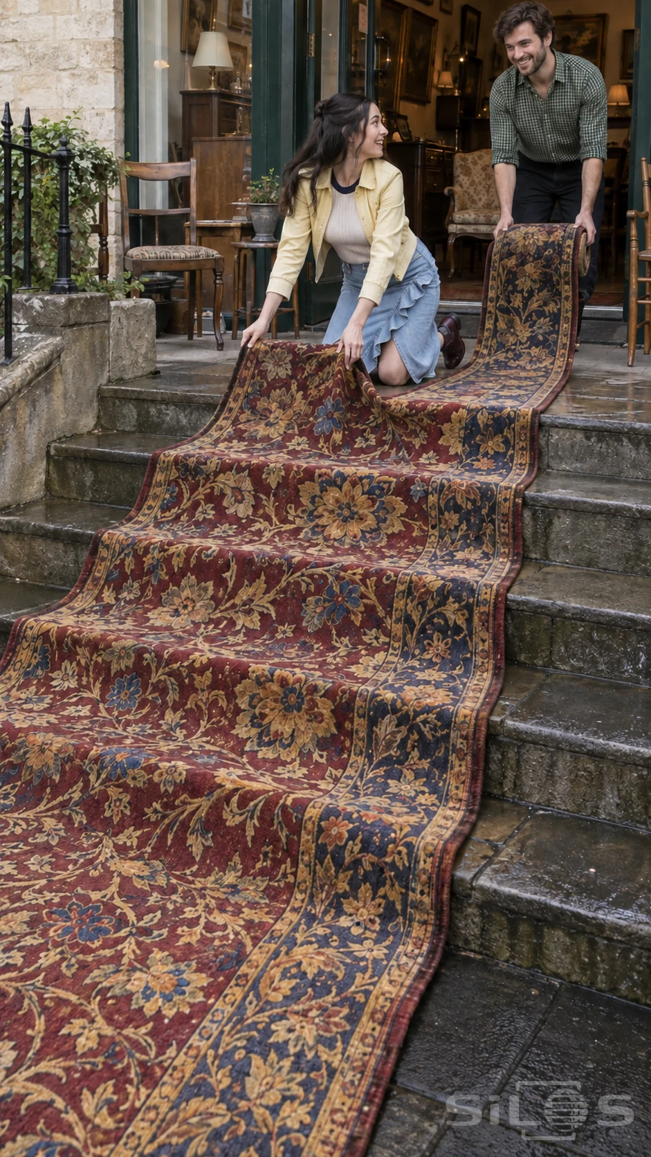 Woman in a ruffled denim skirt and pale yellow jacket helps a shopkeeper unroll a large floral carpet down stone steps.