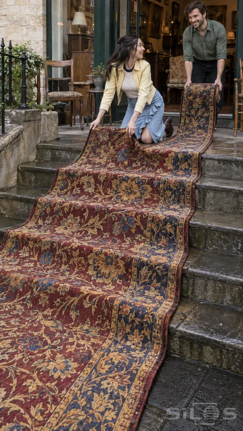 Woman in a ruffled denim skirt and pale yellow jacket helps a shopkeeper unroll a large floral carpet down stone steps.