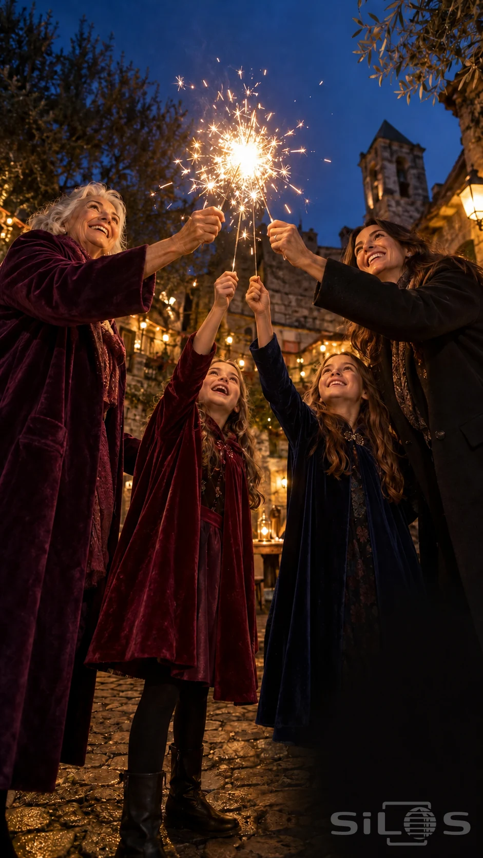 A grandmother and mother raise sparklers with two girls in burgundy and navy capes beneath a bright shower of golden sparks.