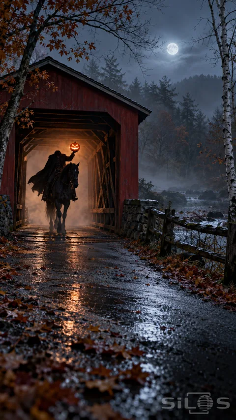 A rider on a black horse holds a glowing pumpkin in the entrance of a red covered bridge beside a foggy moonlit stream.