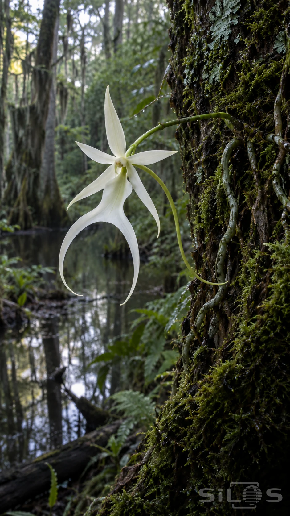 A white ghost orchid hangs from a curved green stem beside mossy bark and exposed roots, with still woodland water behind it.