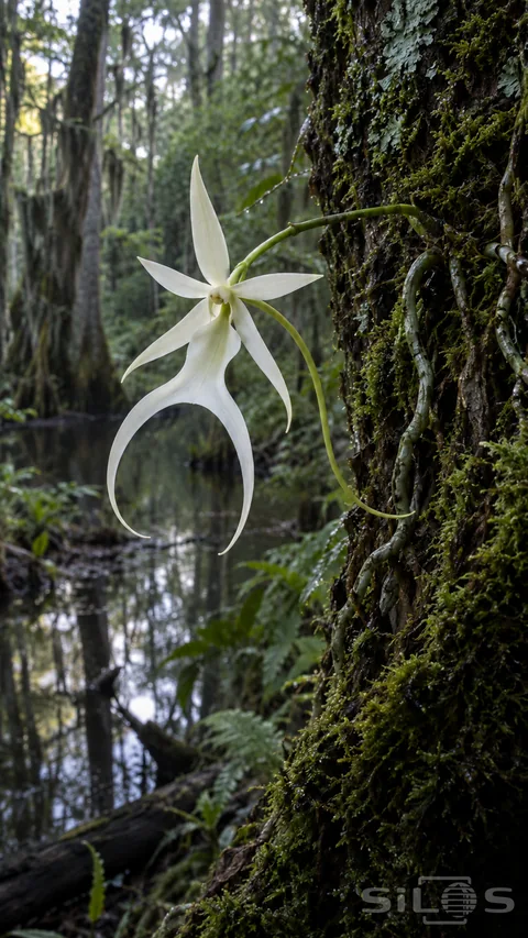 A white ghost orchid hangs from a curved green stem beside mossy bark and exposed roots; with still woodland water behind it.