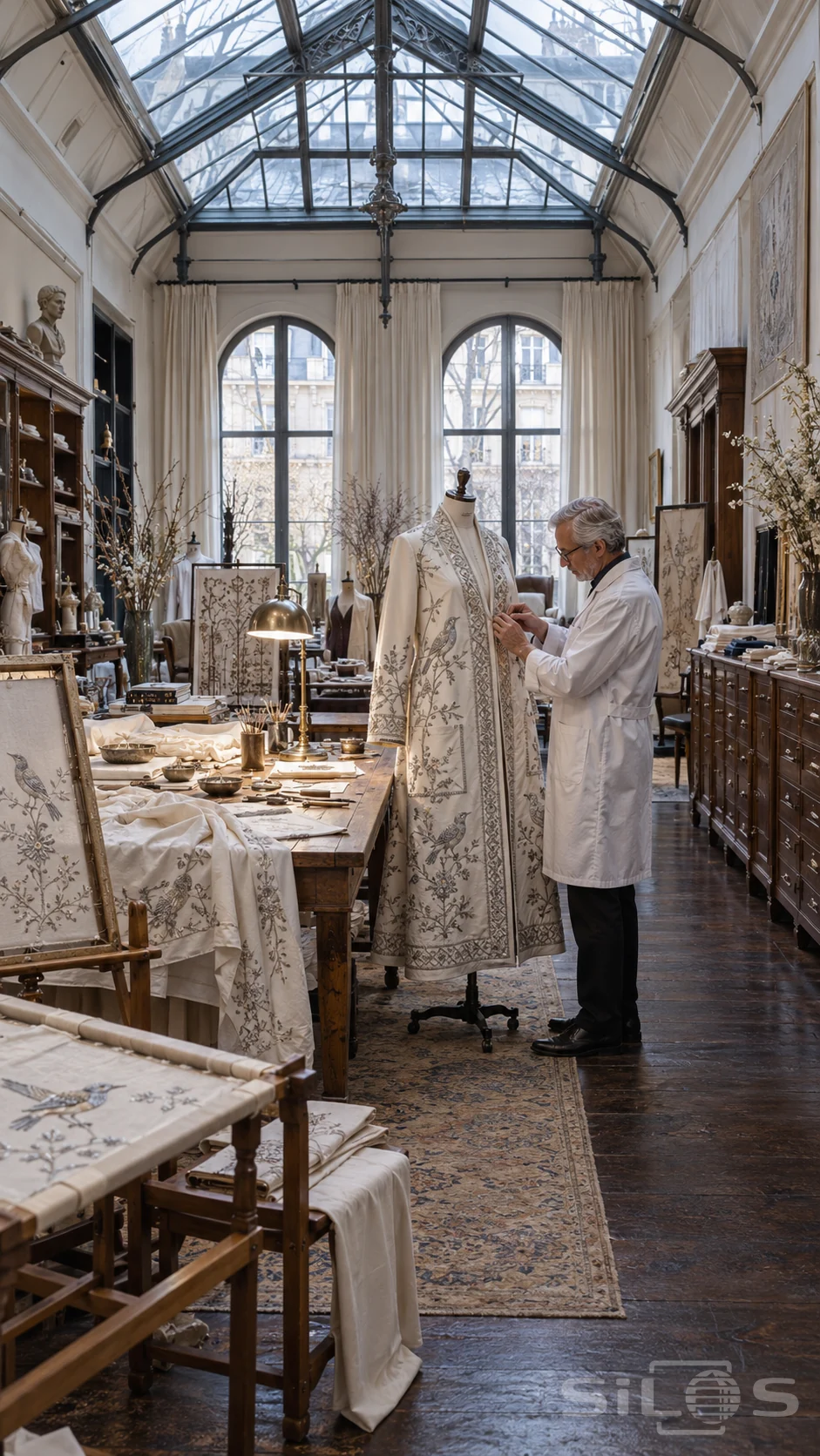 A silver-haired artisan adjusts an ivory coat embroidered with silver birds and flowers in a tall glass-roofed atelier.