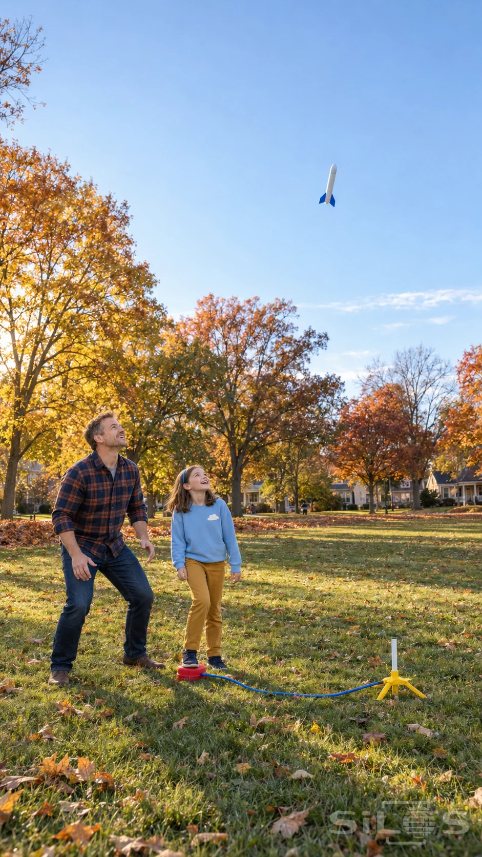 A father and daughter watch a foam rocket above an air launcher connected by a blue hose to a red pad on an autumn lawn.