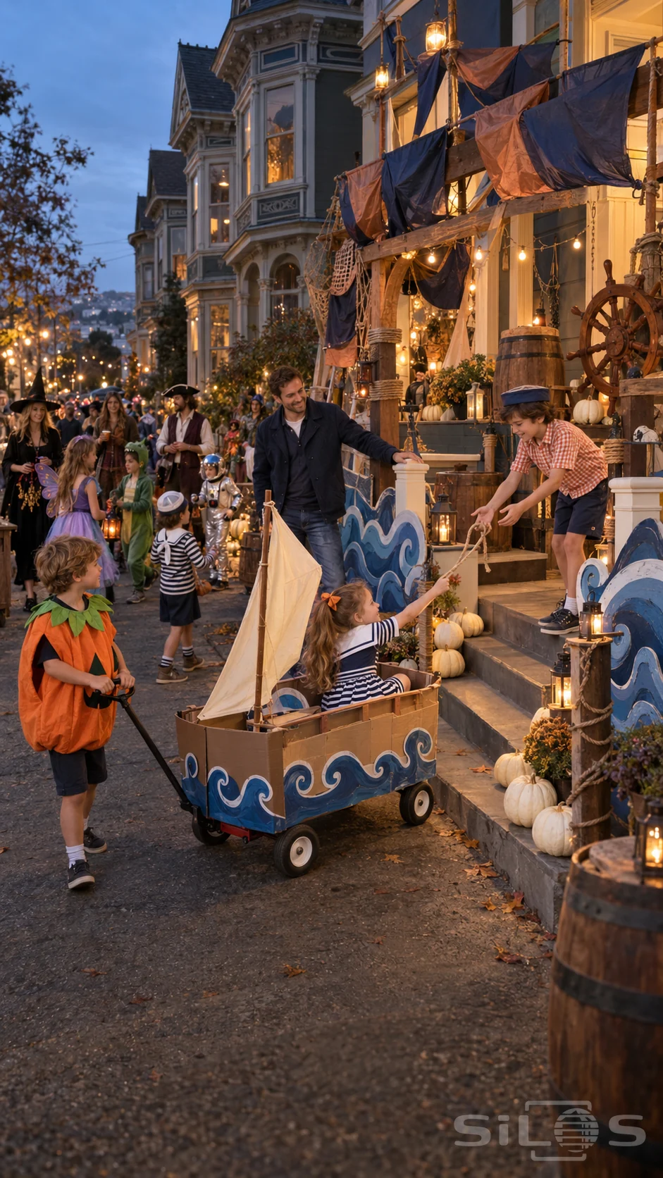 A girl in a wagon ship reaches a rope toward her brother on decorated porch steps while another boy holds the wagon handle.