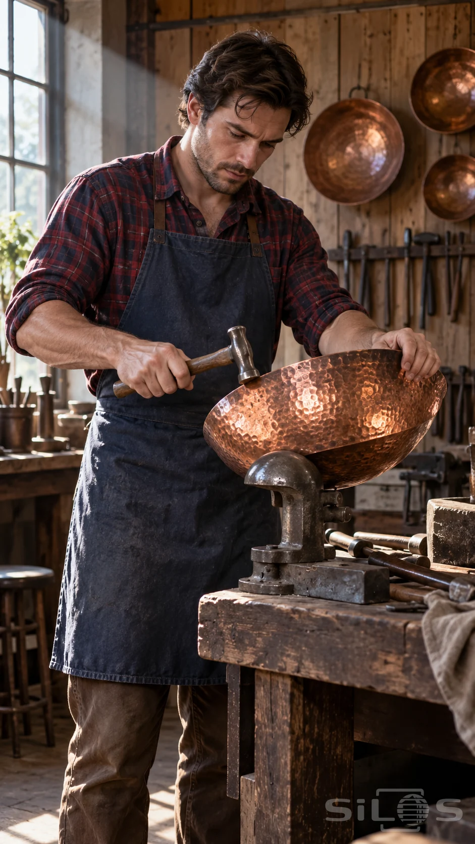 Copper bowl making scene with a smith in an indigo apron holding a small hammer above a wide vessel at a steel forming stake.