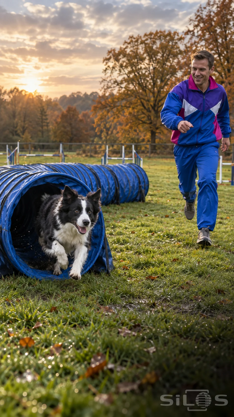 A black-and-white collie runs out of a blue fabric tunnel beside a man in a colorful tracksuit.