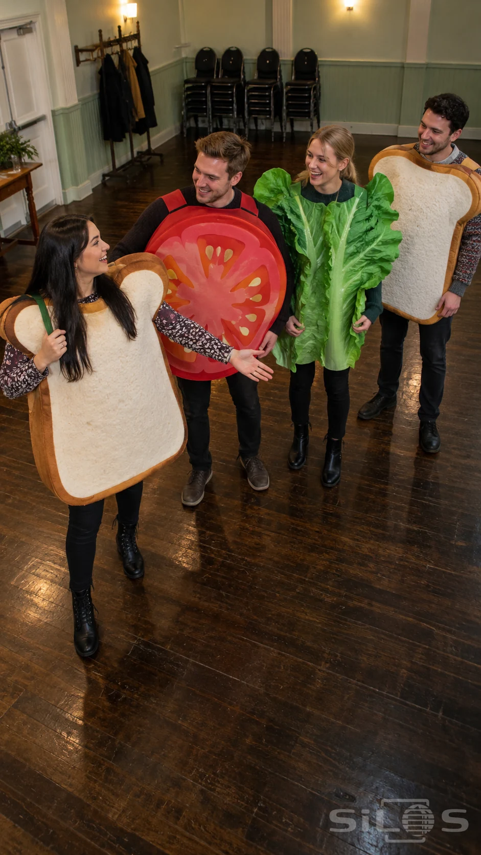 Four adults arrange human sandwich costumes made from oversized bread slices, a tomato round and green lettuce.