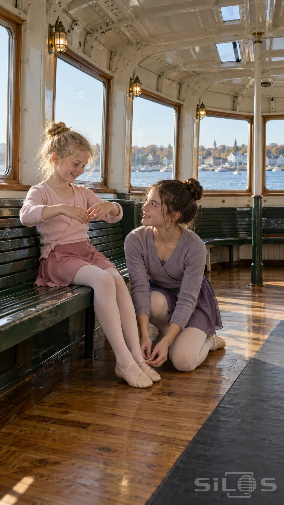 A ferry ballet rehearsal pauses as a kneeling girl ties her blonde sister's ballet slipper inside a green-benched salon overlooking the harbor.