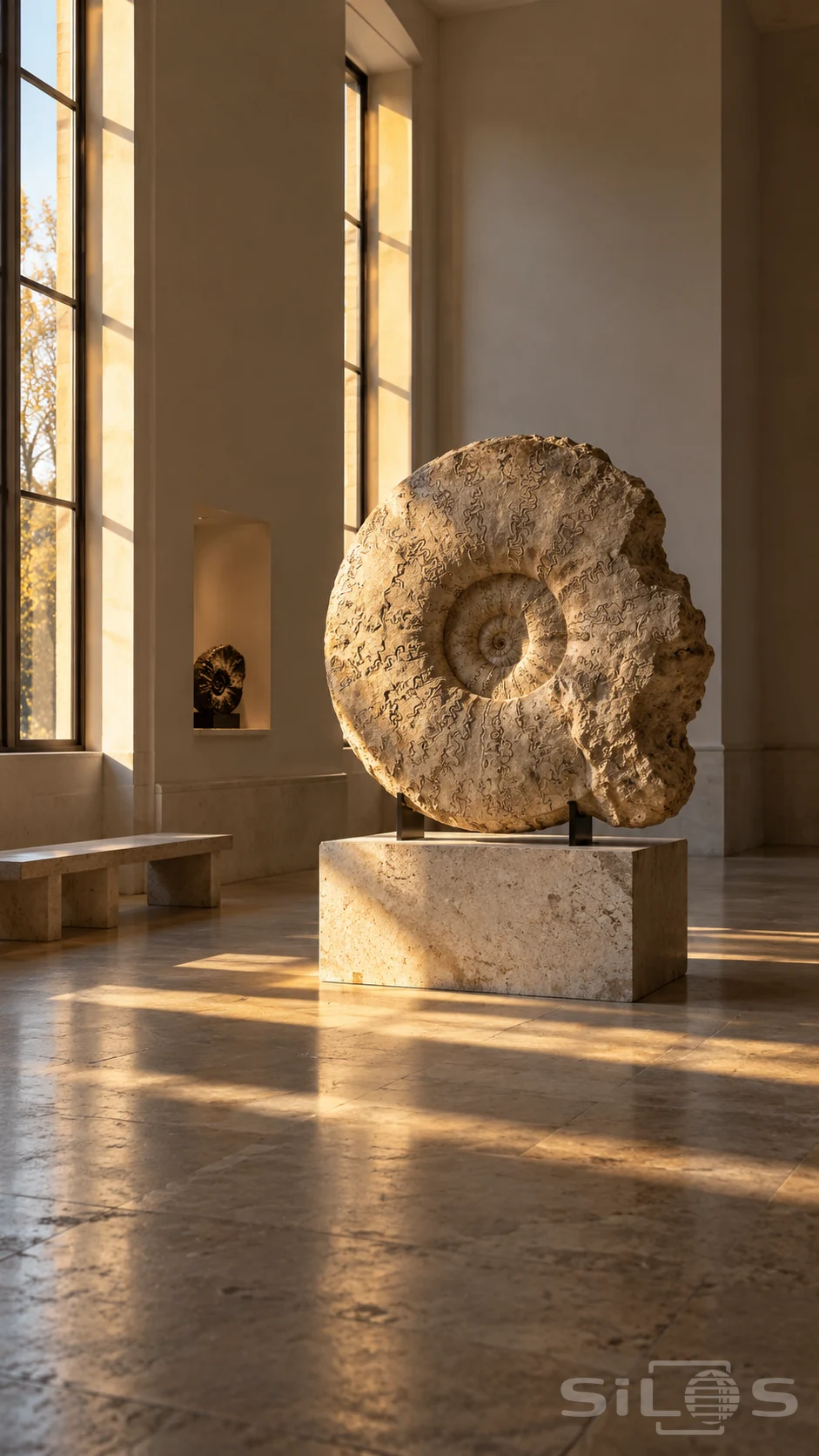 Ammonite display with a pale stone spiral and branching patterns on a limestone plinth in warm gallery light.