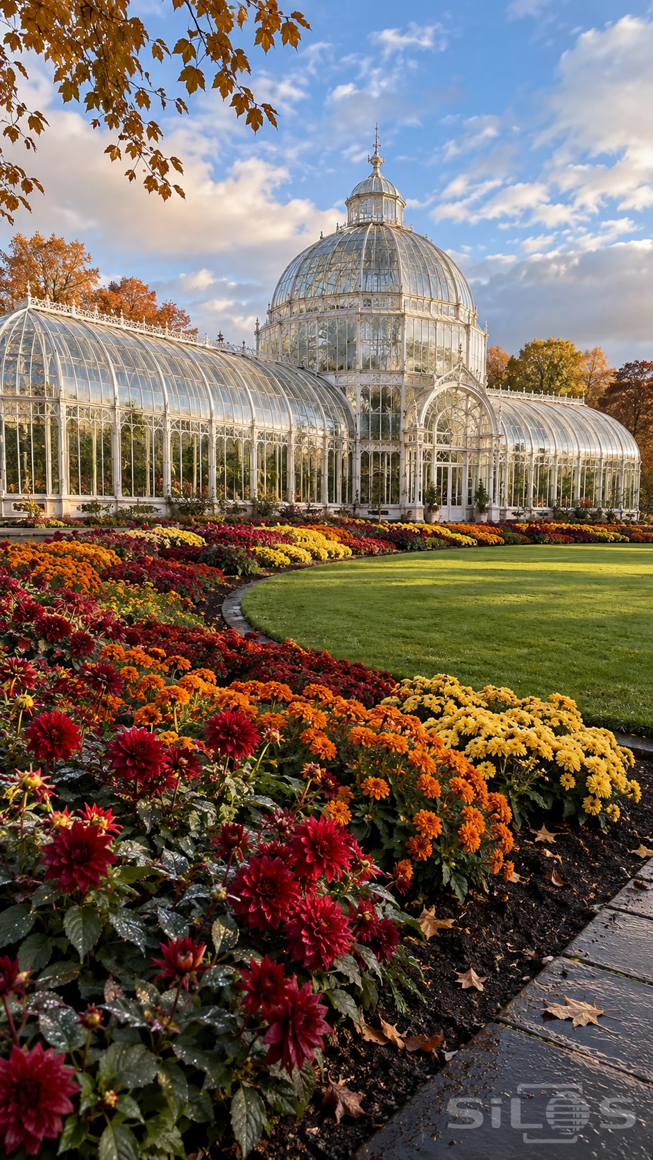 A white iron-and-glass conservatory with a tall central dome stands behind curved beds of red, orange and yellow flowers.
