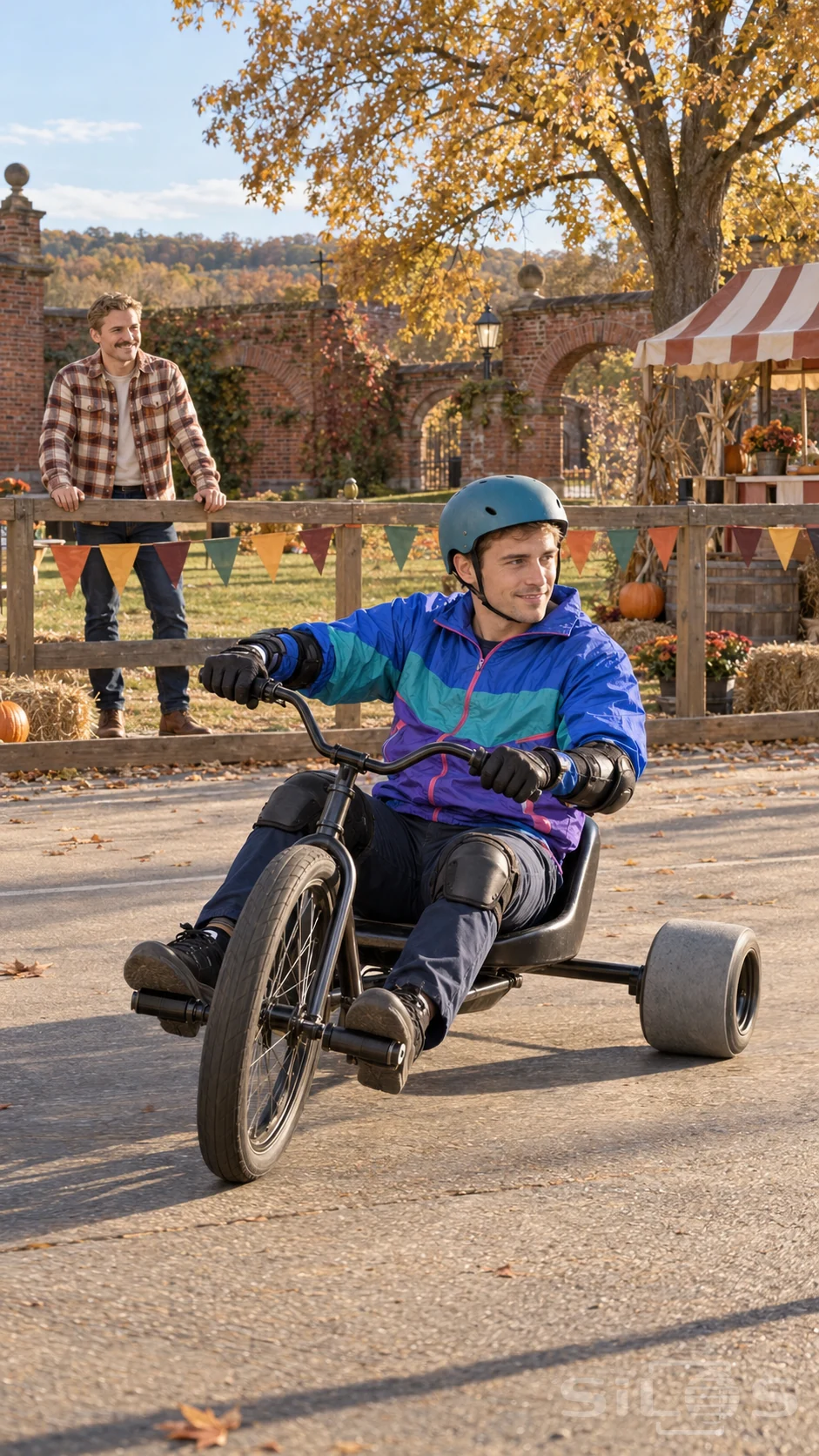 A helmeted adult rides a drift trike through an autumn brick courtyard while a friend watches from behind a decorated wooden rail.