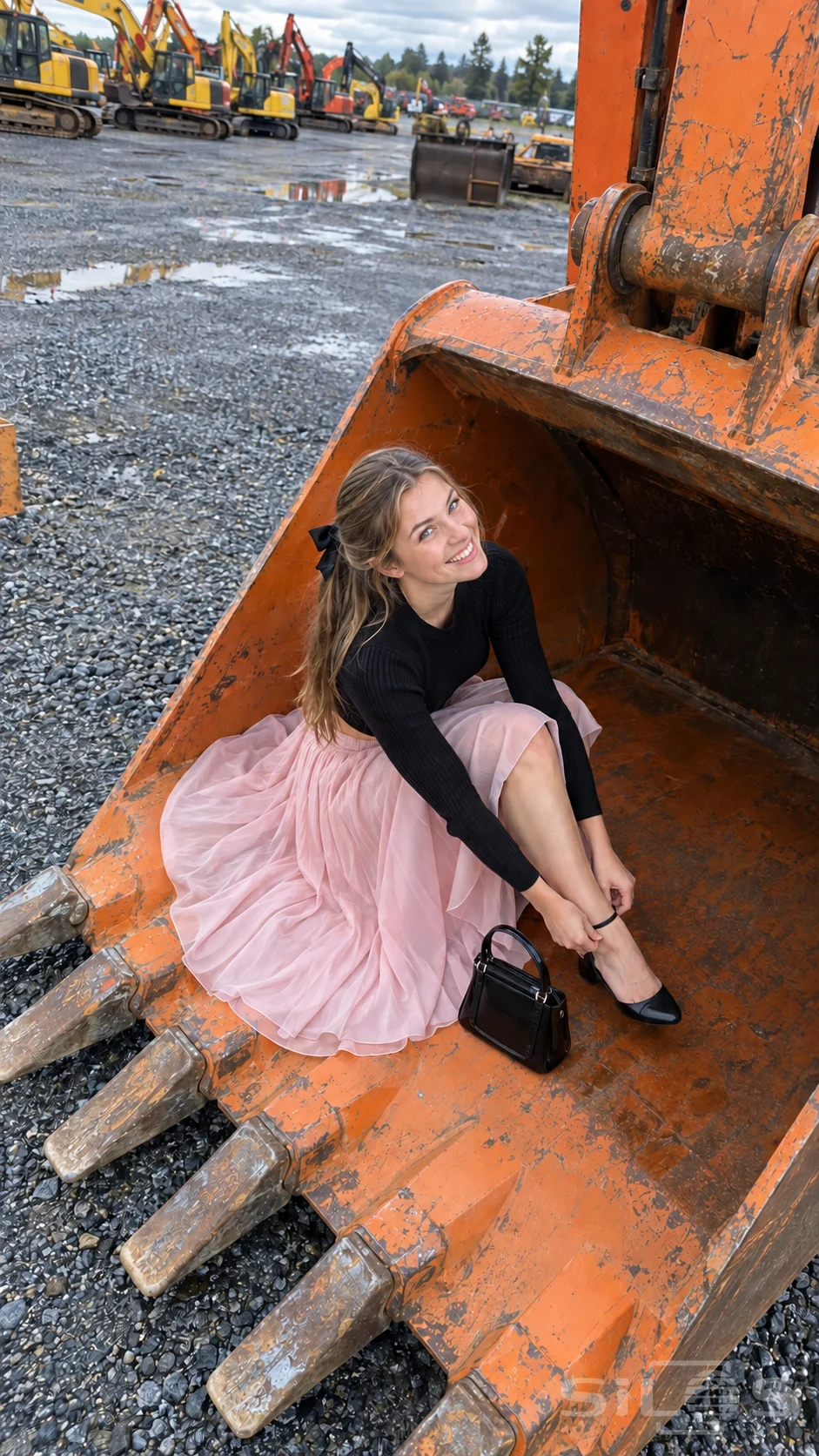 A woman in pink chiffon adjusts a black ankle strap while sitting in a grounded orange digger bucket.