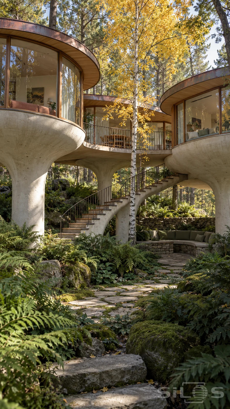 Three curved glass rooms rise on cream columns around a golden birch, with a connecting stair above a fern garden and stone bench.