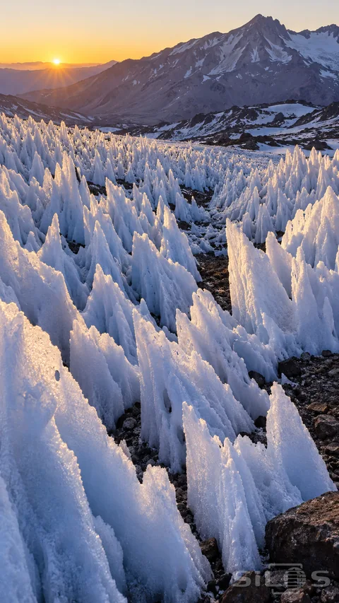 A field of white ice needles catches warm mountain sunlight above dark troughs and volcanic rocks beneath a bare mountain ridge.