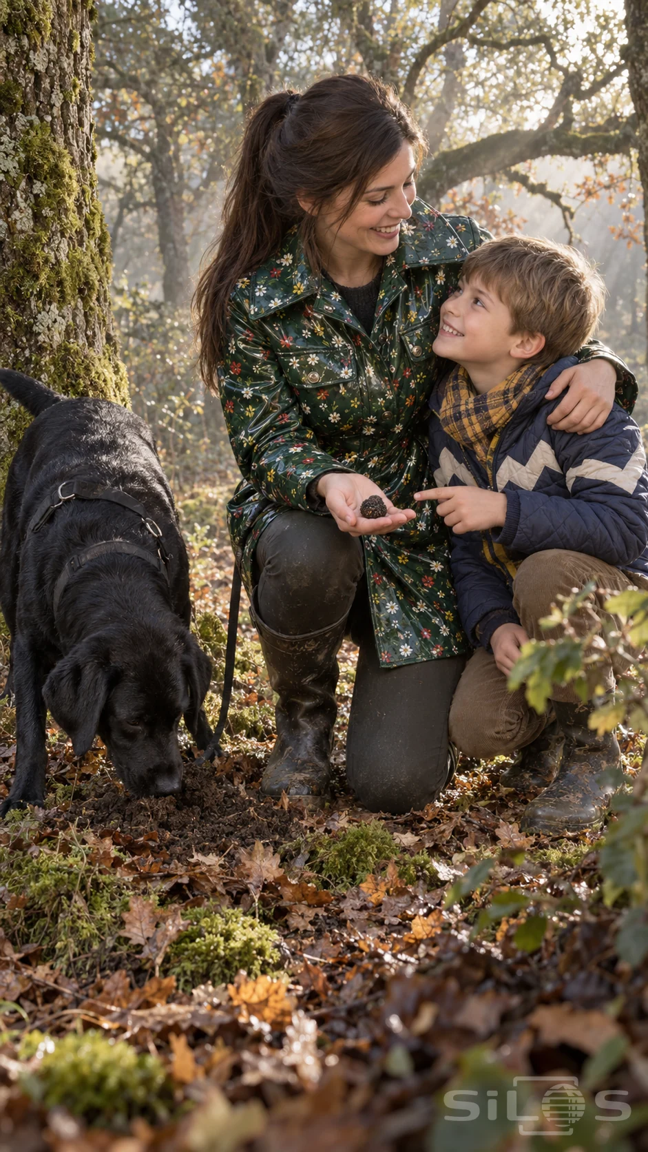A mother in a floral raincoat shows her son a truffle during a woodland truffle hunt beside a black Labrador.