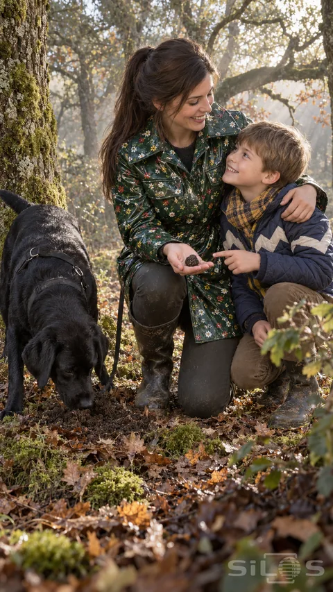 A mother in a floral raincoat shows her son a truffle during a woodland truffle hunt beside a black Labrador.