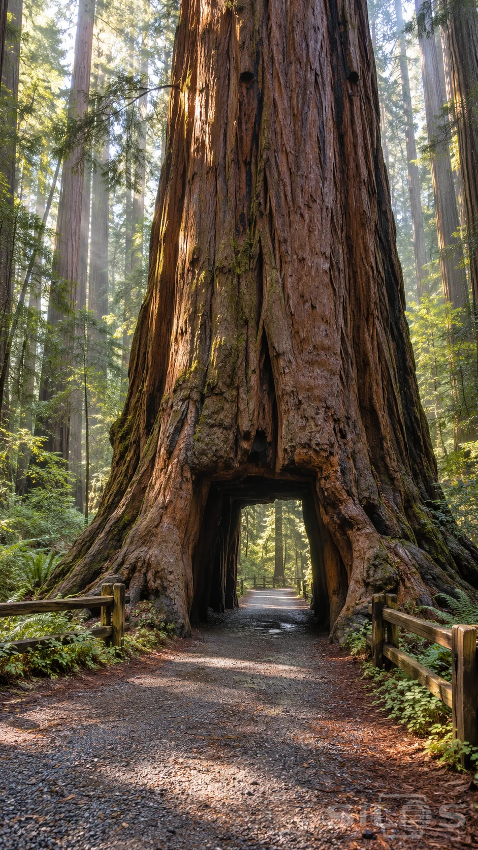 A forest path passes through a redwood tunnel beneath an immense trunk with rough bark.