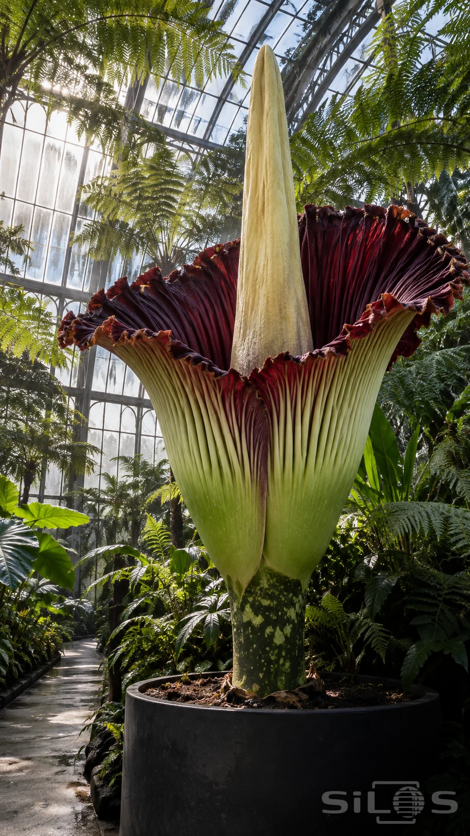 A titan arum rises from a large dark tub, with a tall ivory center, pleated burgundy bloom and green outer surface.