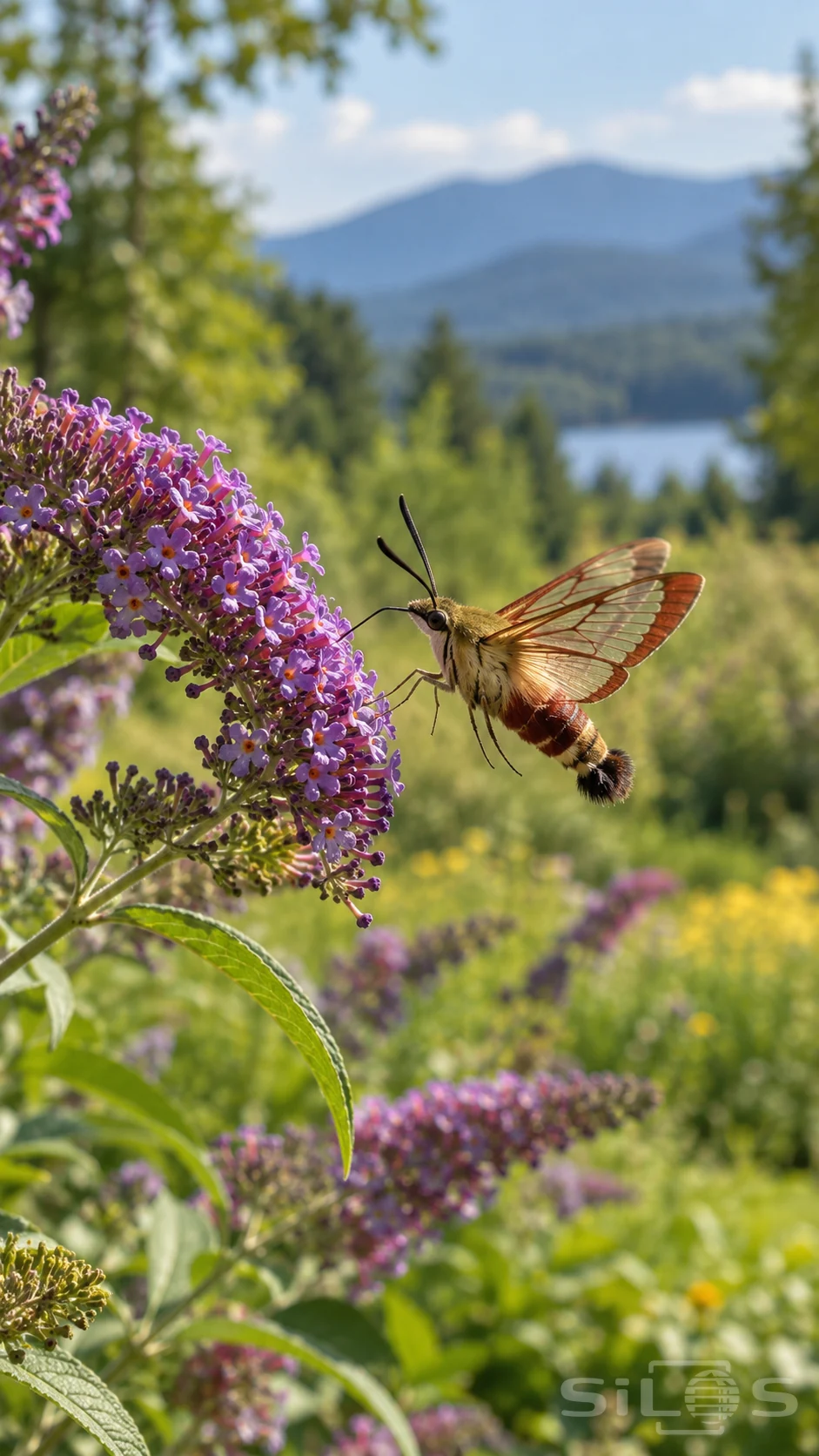 A clearwing moth extends its proboscis into a purple flower cluster with transparent wings above a softly blurred summer meadow.