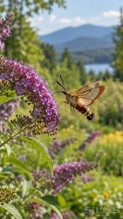 A clearwing moth extends its proboscis into a purple flower cluster with transparent wings above a softly blurred summer meadow.