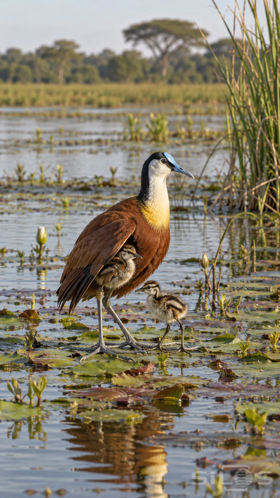Jacana chicks shelter beneath an adult's chestnut wing and beside its feet on floating marsh leaves.