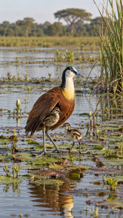 Jacana chicks shelter beneath an adult's chestnut wing and beside its feet on floating marsh leaves.