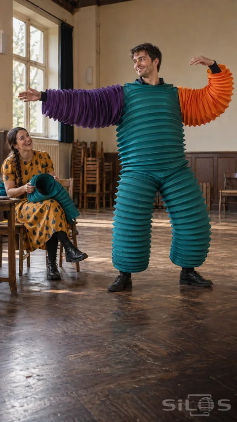 Concertina costume with a teal body and orange and violet sleeves worn by a performer beside a laughing maker in a pear-print dress.