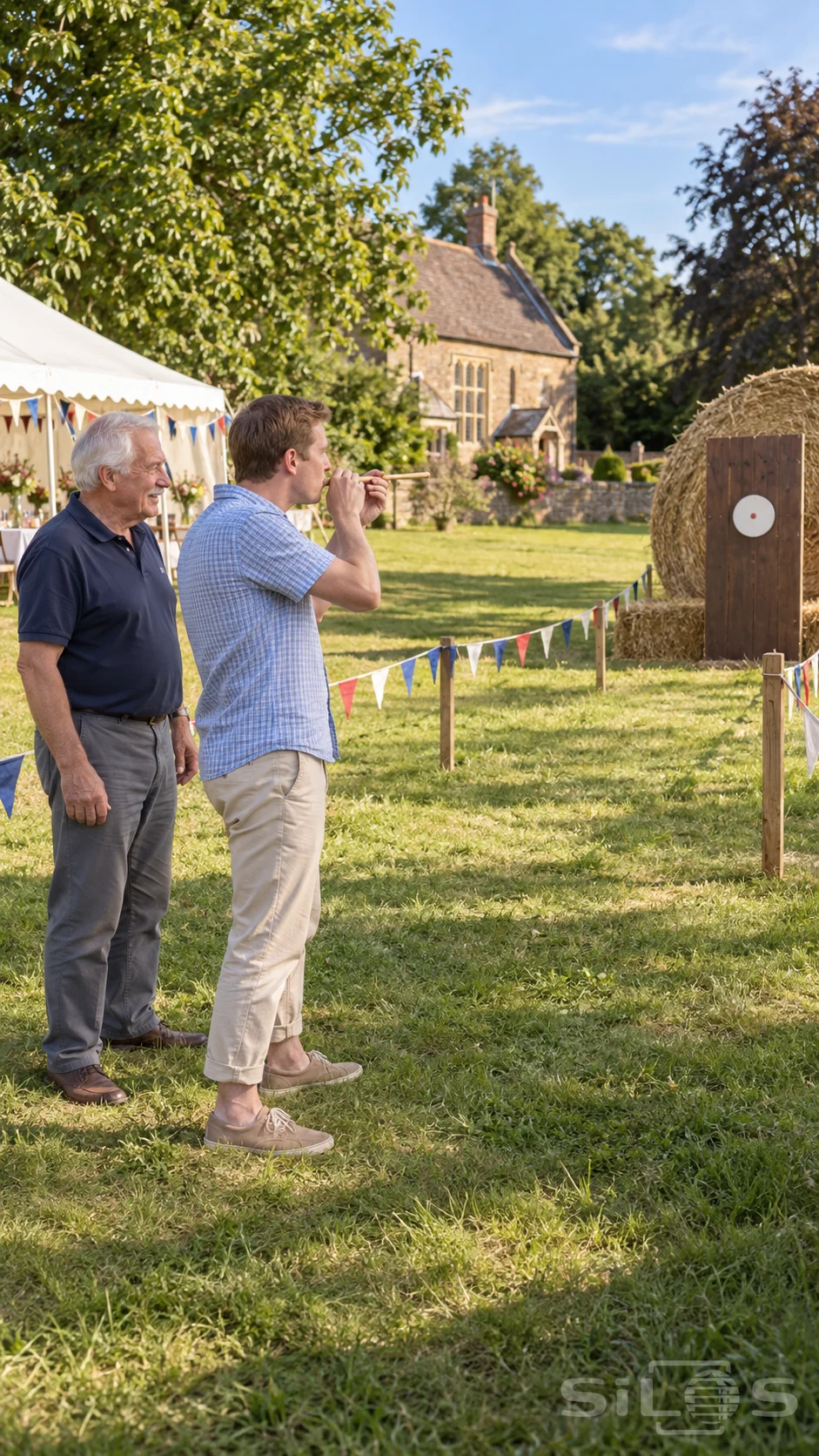 Two adult men enjoy pea shooting toward a small target with a hay bale backstop at a village fete.