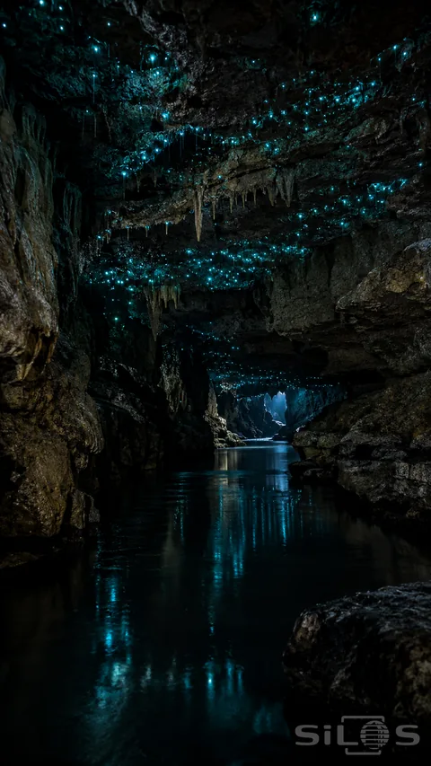 Blue glowworm cave with tiny blue-green points across a rough limestone ceiling above a still dark stream and distant opening.