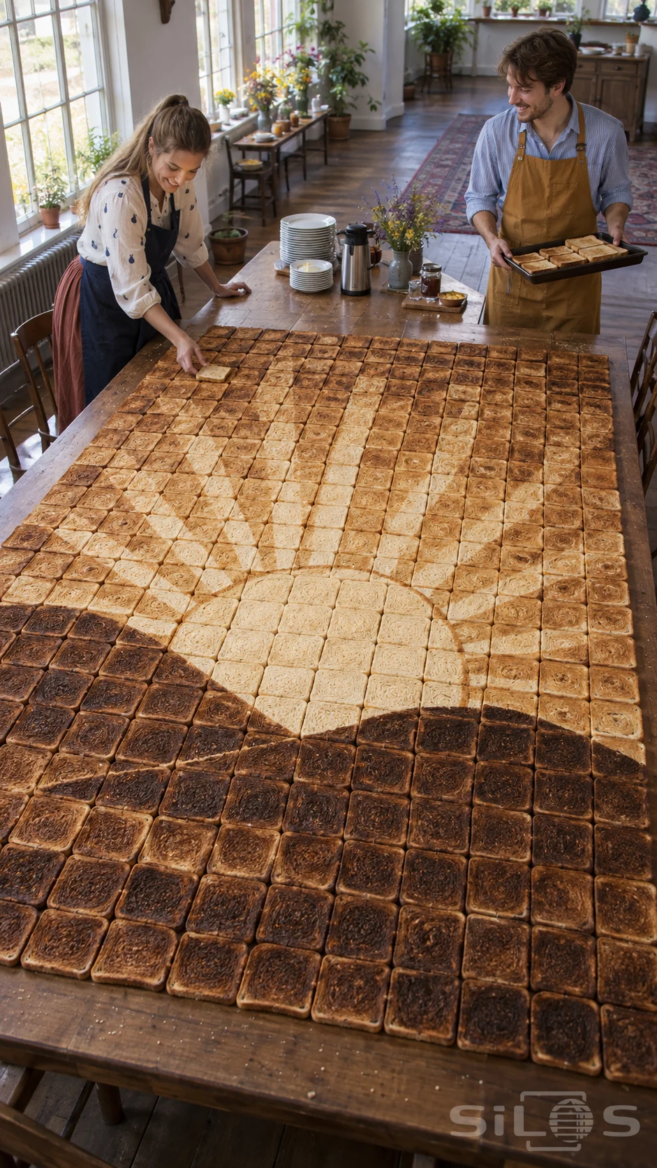 Toast sunrise mosaic made from pale and dark bread slices, with two adults adding the final pieces at a long wooden breakfast table.