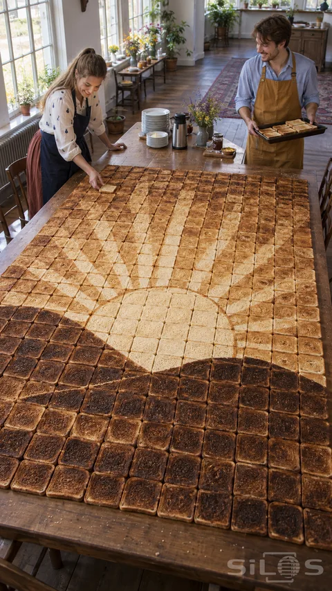 Toast sunrise mosaic made from pale and dark bread slices; with two adults adding the final pieces at a long wooden breakfast table.