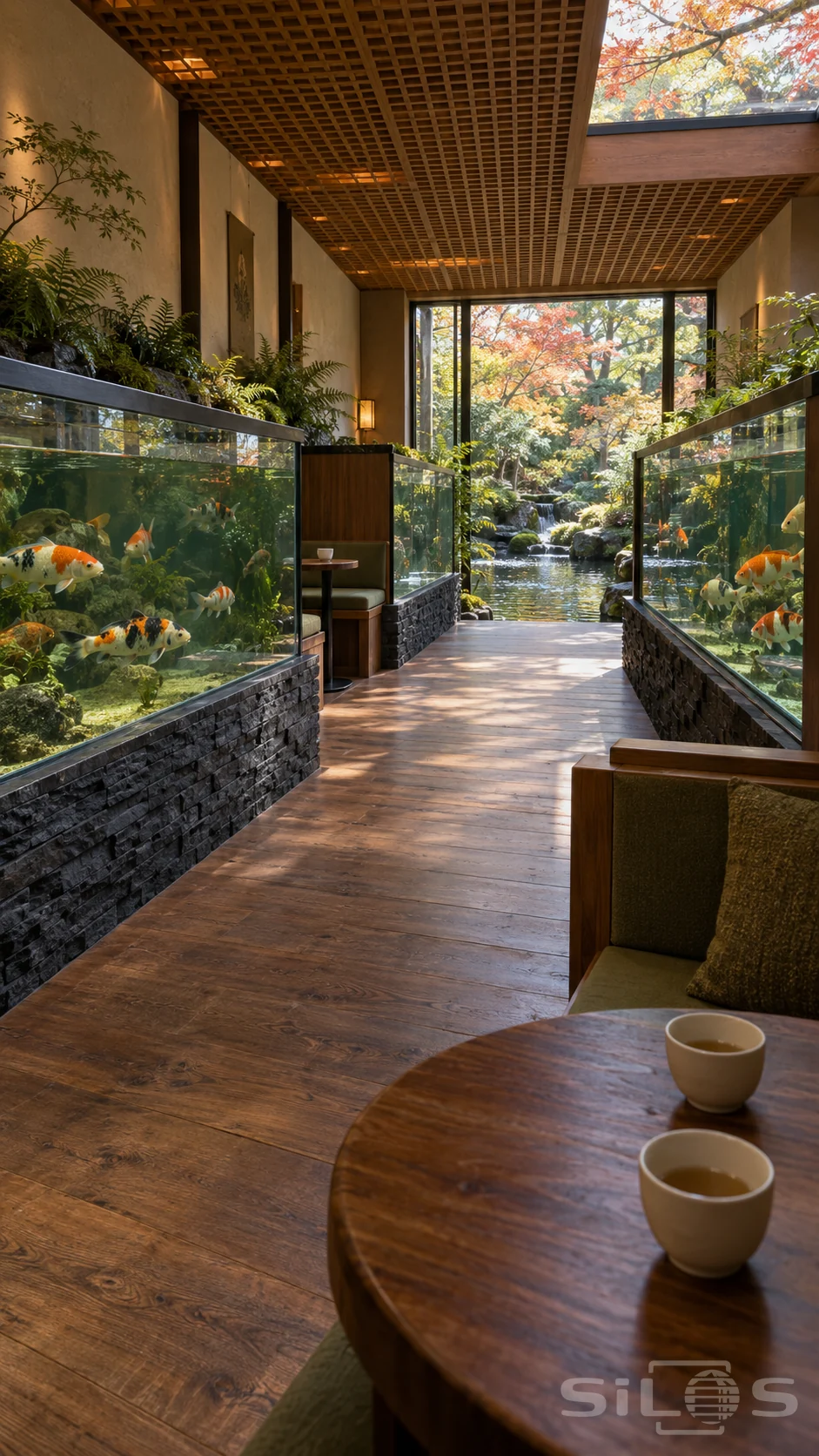 Orange, white and black koi swim in glass-sided channels beside timber tea booths and a walkway toward an autumn garden pond.