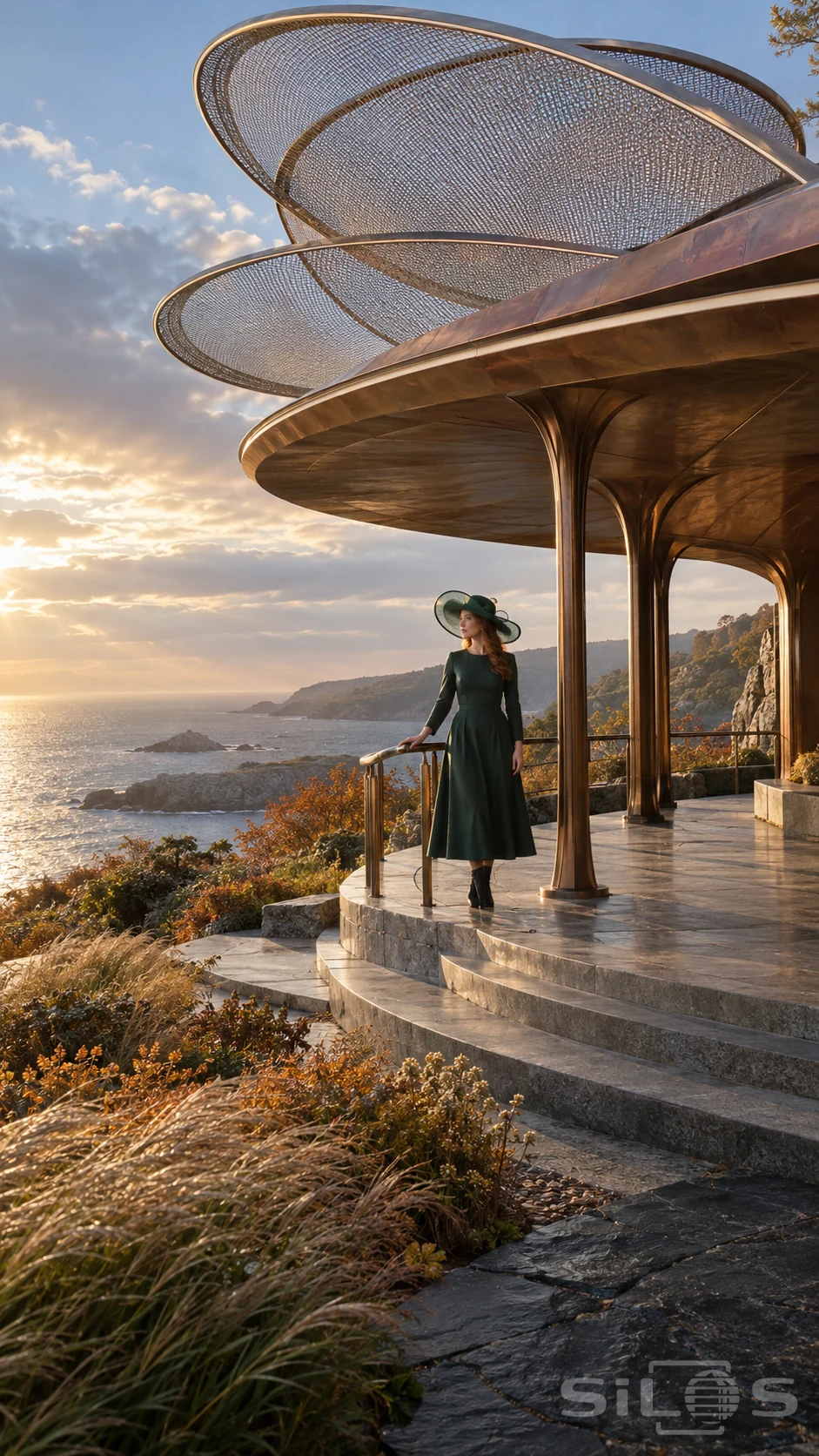 A woman in an emerald dress and sculptural mesh hat stands under a copper pavilion overlooking the sea at sunset.