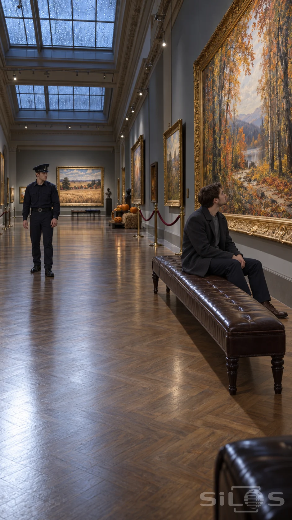A gallery guard stands down the aisle while a man in a charcoal coat studies a large autumn landscape from a leather bench.