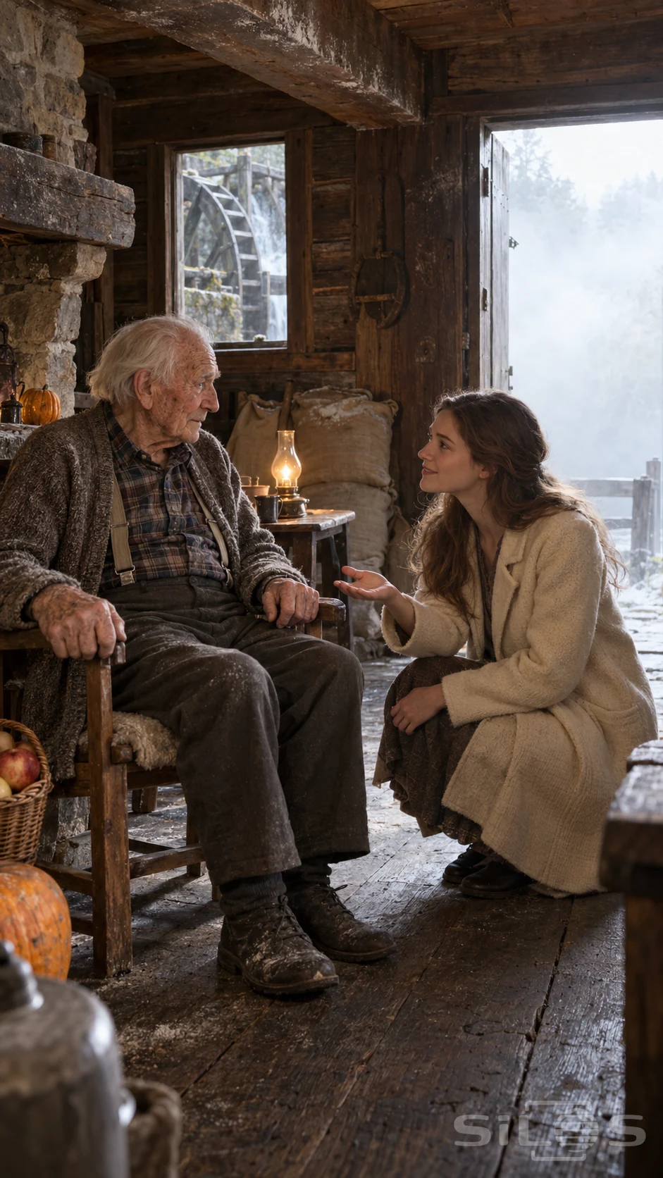 An elderly miller sits gripping his chair as a woman in a cream coat offers an open hand beside a mist-filled doorway.