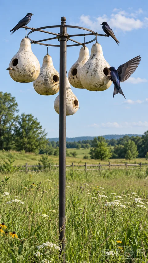 Purple martins gather at weathered white gourd houses on a nesting rack above a summer meadow.