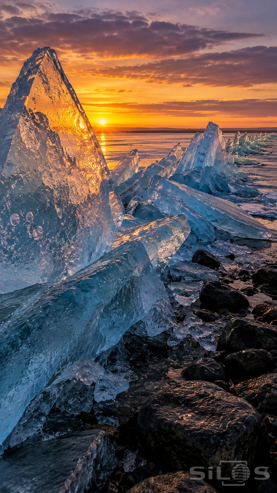 Large broken slabs of blue lake ice lean along a rocky shore, with an orange sunset shining through the nearest clear plate.