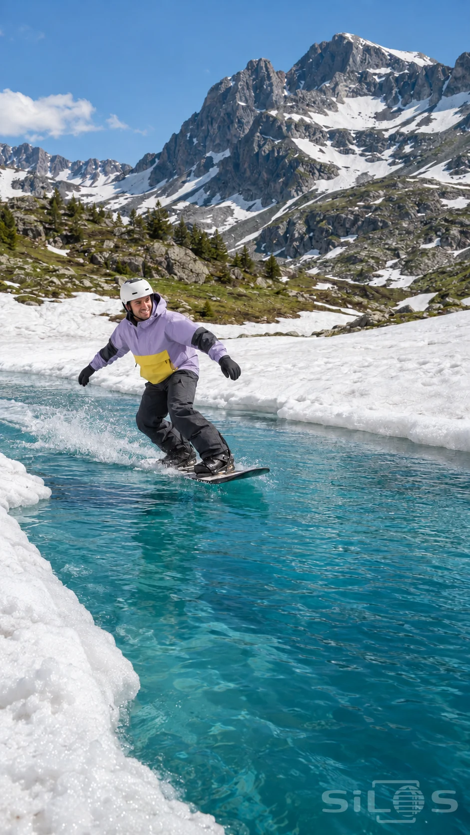 Snowboard pond skim with an adult rider in a lilac anorak with a lemon-yellow pocket balancing over turquoise water between snowy mountain banks.