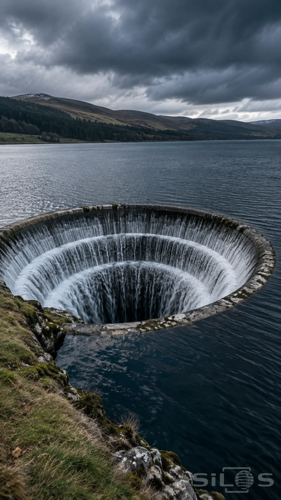 Circular reservoir spillway with water falling over concentric concrete rings into a dark opening beneath cloudy hills.
