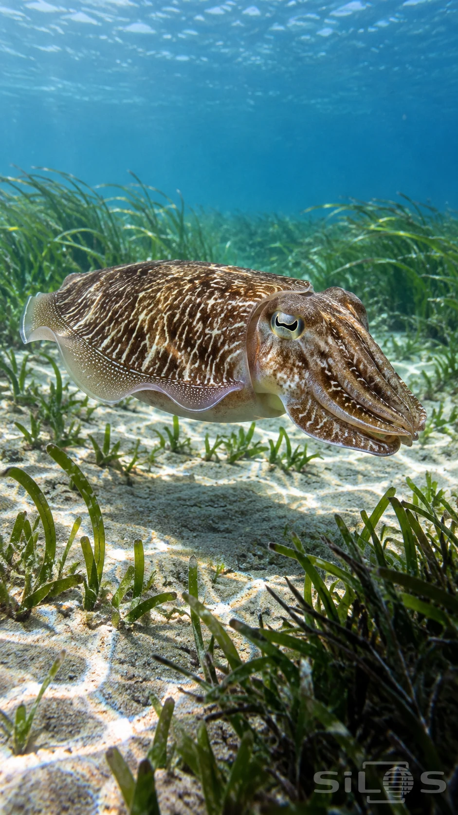 A brown cuttlefish with cream markings hovers over seagrass and pale sand, with a thin side fin and gathered front arms.