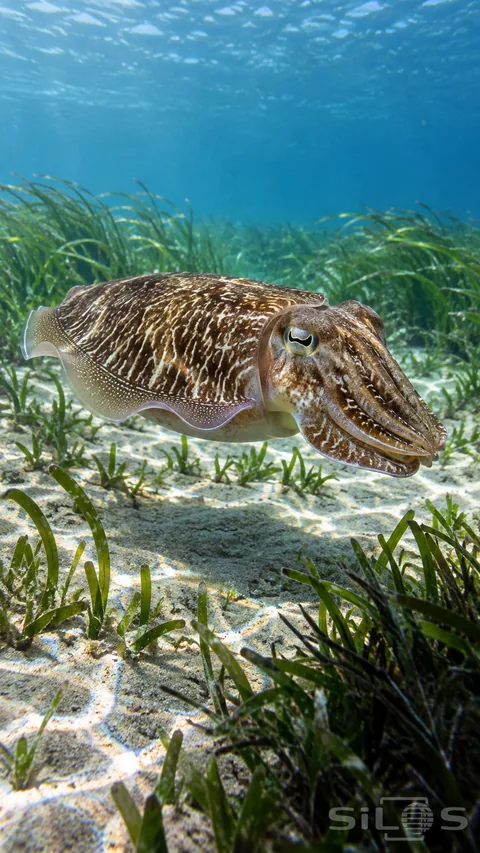 A brown cuttlefish with cream markings hovers over seagrass and pale sand; with a thin side fin and gathered front arms.