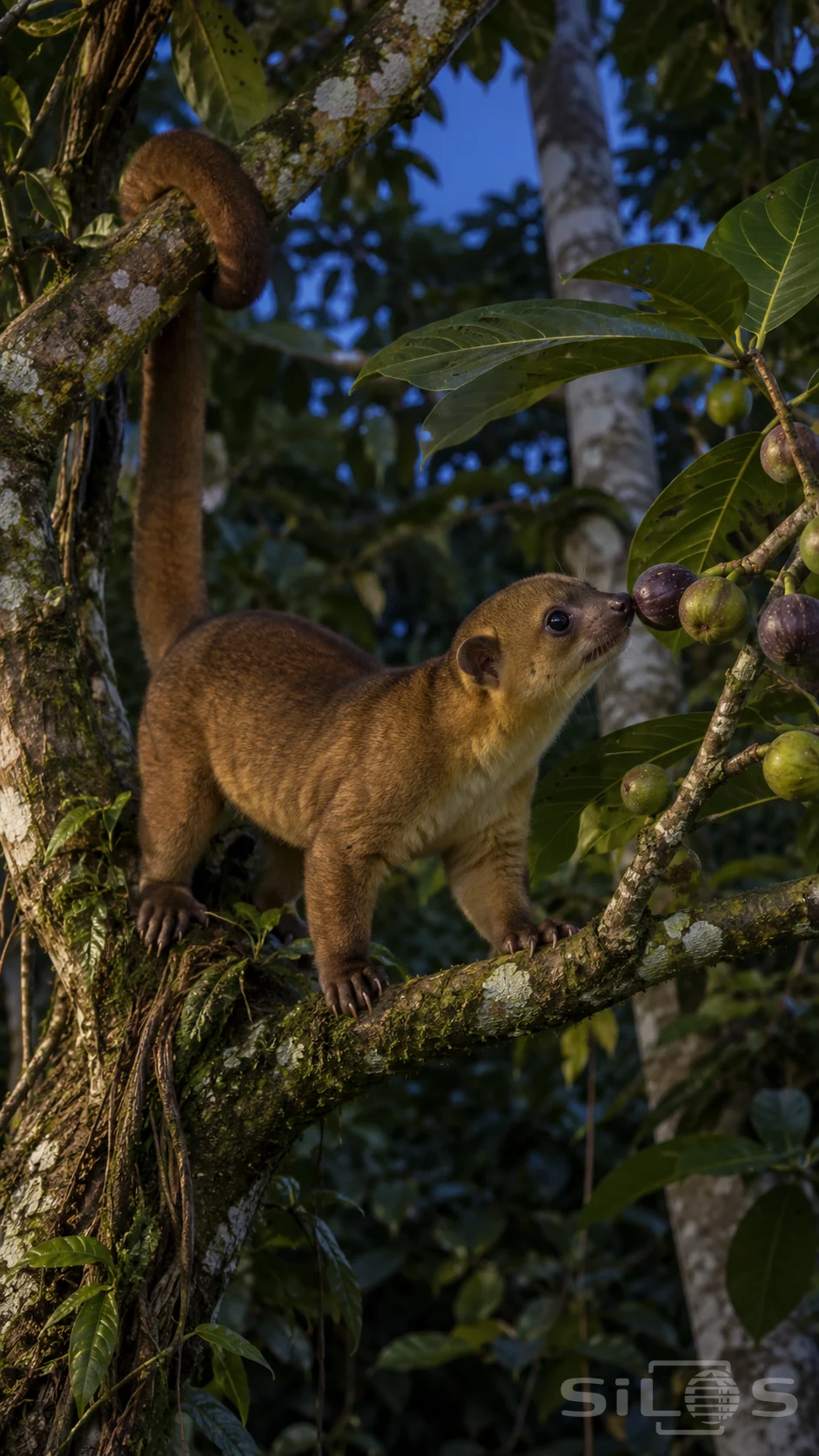 A kinkajou reaches figs from a mossy branch with its curled tail wrapped around a higher limb in the dusk canopy.