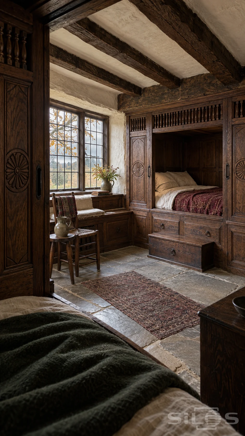 Carved oak sleeping cupboards open around a cottage window seat, with burgundy bedding, a chest step, dark roof beams and worn flagstones.