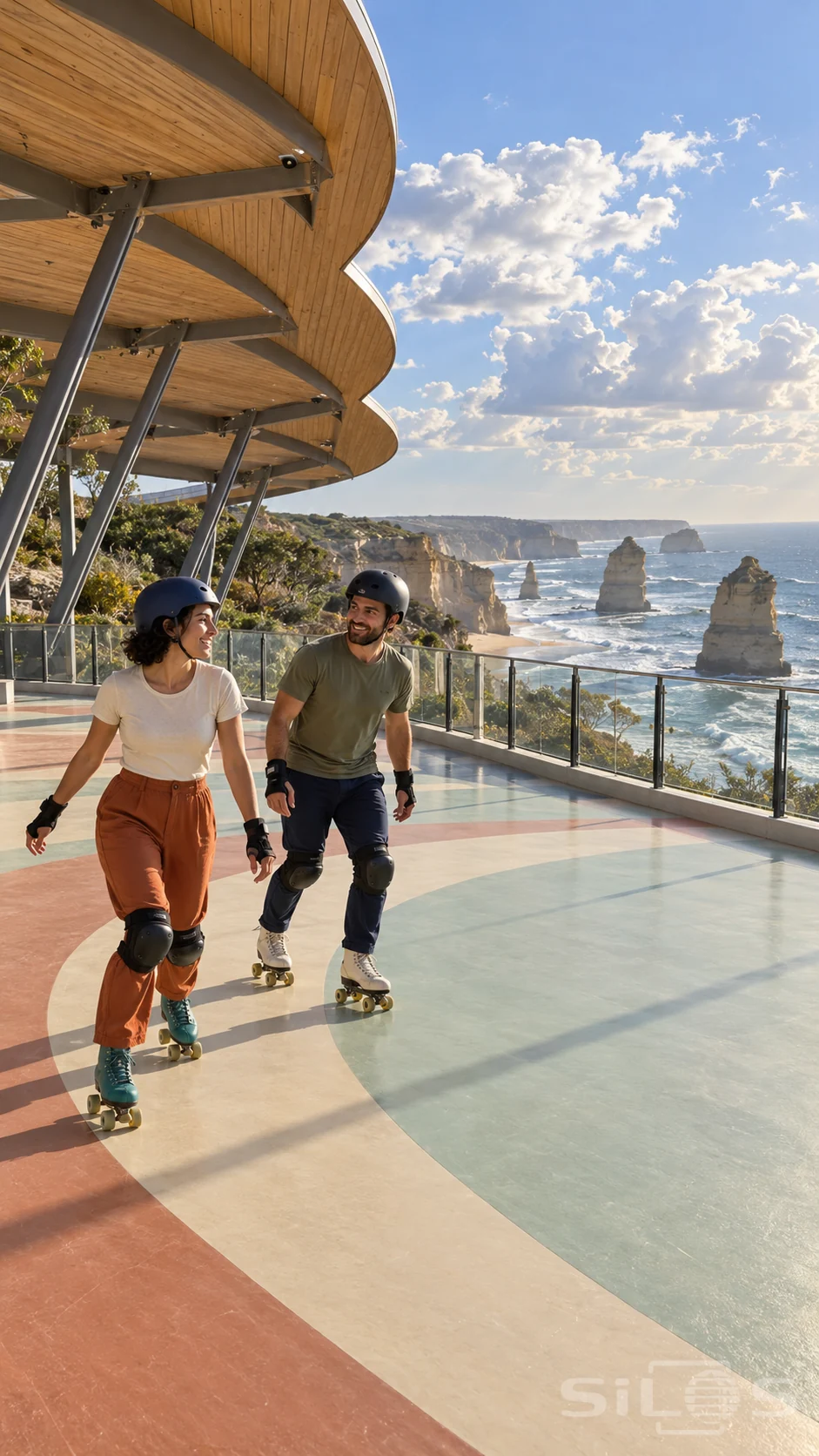 Two adult roller skaters smile at each other on a pastel coastal rink beneath a timber canopy, with sea stacks beyond a glass guardrail.