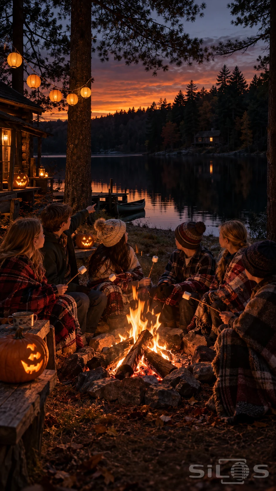 Six children in plaid blankets sit beside a campfire and look toward a single lit cabin window across a still forest lake.